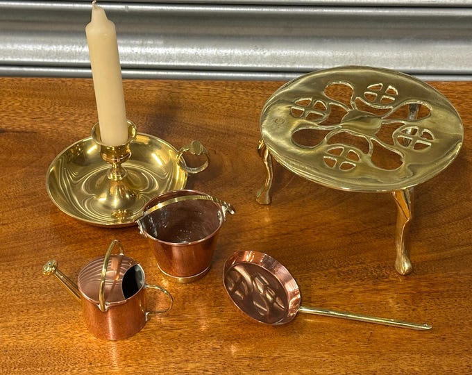 Vintage Brass And Copper Items, Trivet, Candle Holder & Miniature Copper Watering Can, Bucket and Pan Etc