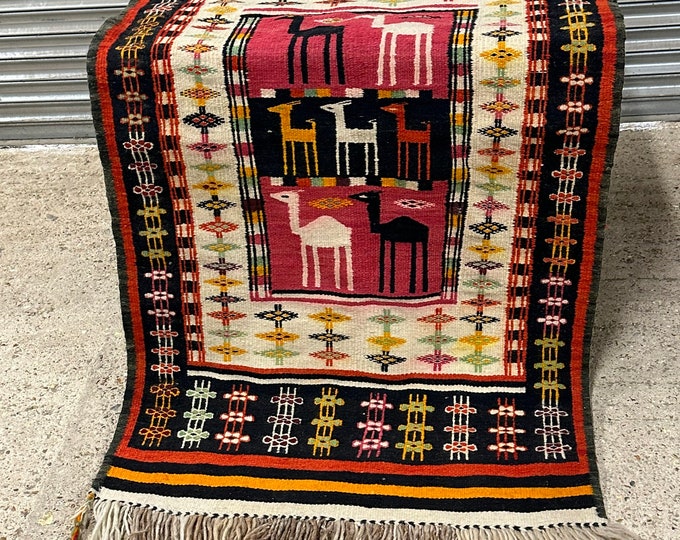 Vintage South American Style Hand Woven Rug With Llama Aztec Design