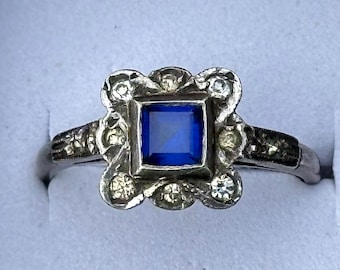 Vintage Art Deco Style Sapphire Blue Paste and Diamond Paste Ring – 9ct Gold & Silver Setting - Size N