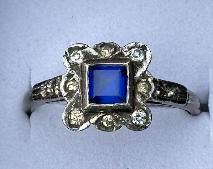 Vintage Art Deco Style Sapphire Blue Paste and Diamond Paste Ring – 9ct Gold & Silver Setting - Size N