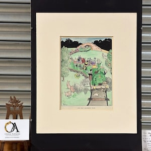 Hand Coloured W Heath Robinson Cartoon Engraving Dated 1935 - Titled ‘The First Excursion Train’ dated 1935 in pencil lower right