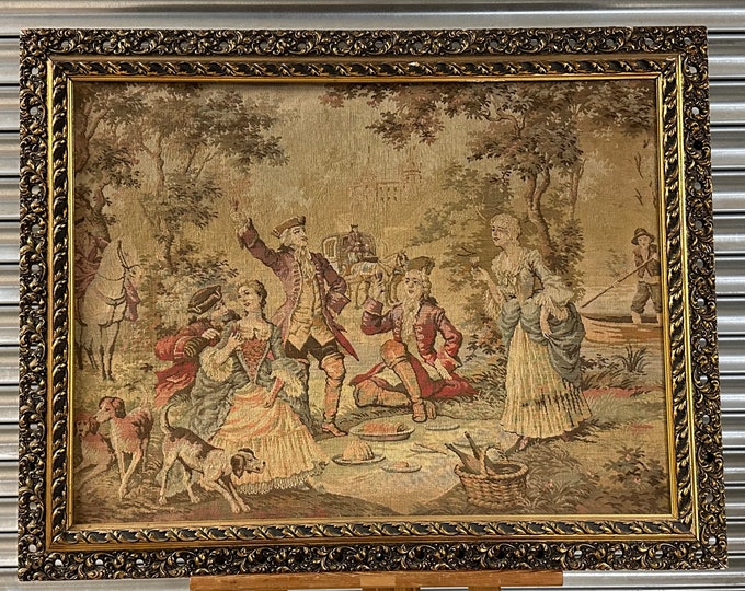 Gorgeous Antique Beautifully Framed Tapestry Of A 18th Century Picnic Scene