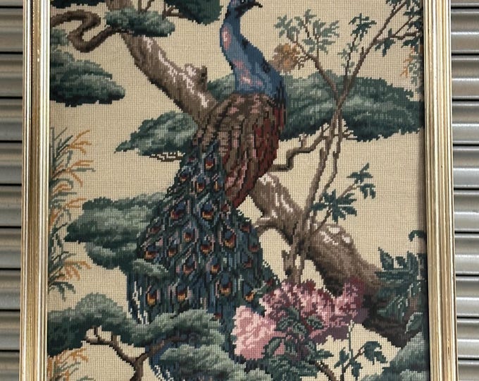 Beautiful Large Framed And Glazed Tapestry Of A Peacock