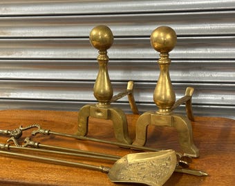 Circa Late 19thC Victorian Solid Brass Fireplace Companion Set with Fire Dogs