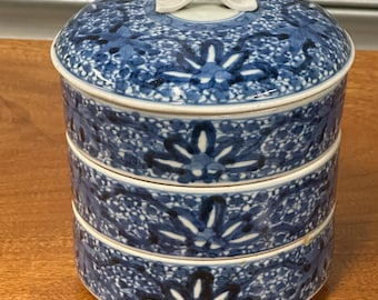 Antique Chinese Blue and White Ceramic Stacking Dish Set with Lid