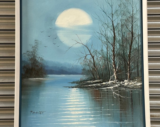 Beautiful Mid Century Study Of A Moon Lit Evening With Reflection On The River