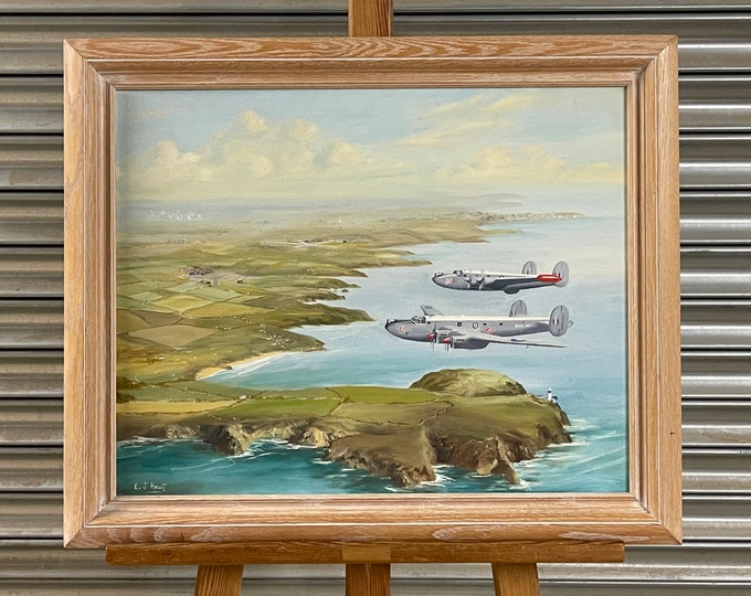 Original Vintage Oil Painting of Two Royal Air Force Planes By E J Hewitt