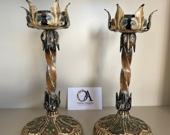 Pair Of Beautiful Early 1900’s Handpainted Metal Candle Holders.