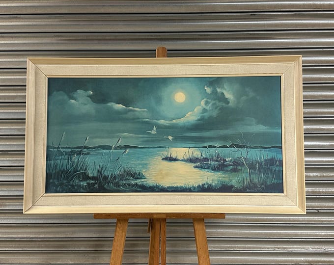 Large 1960’s Audrey Dallas-Simpson ( 1925-1984) Kitsch Print of Geese Flying Across a Moonlit Lake Titled Sea And Tranquility