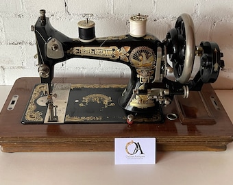 Beautiful c1920’s Frister & Rossmann Art Deco Period Hand Cranked Sewing Machine in its Original Walnut Case with Key