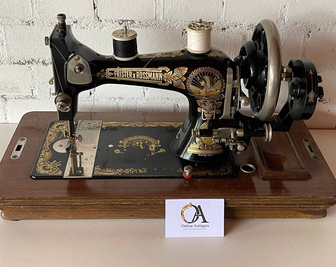 Beautiful c1920’s Frister & Rossmann Art Deco Period Hand Cranked Sewing Machine in its Original Walnut Case with Key