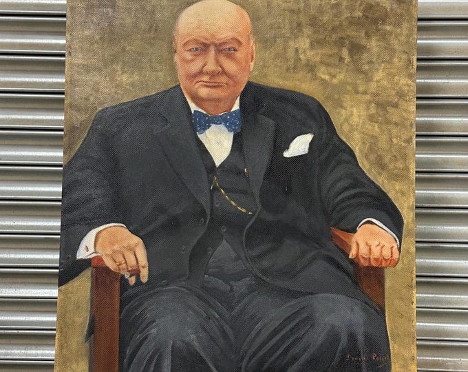 Superb Vintage Original Oil Painting on Board Of Sir Winston Churchill by Douglas Raffel