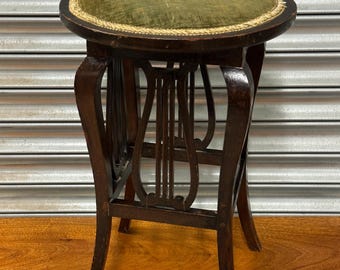 Edwardian Mahogany Piano Stool / Music Stool with Lyre Support & Green Velvet Seat c.1900–1910