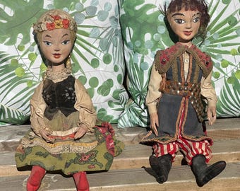 Pair of Rare 19th Century Papier Mache Folklore Style Dolls in Original Clothing
