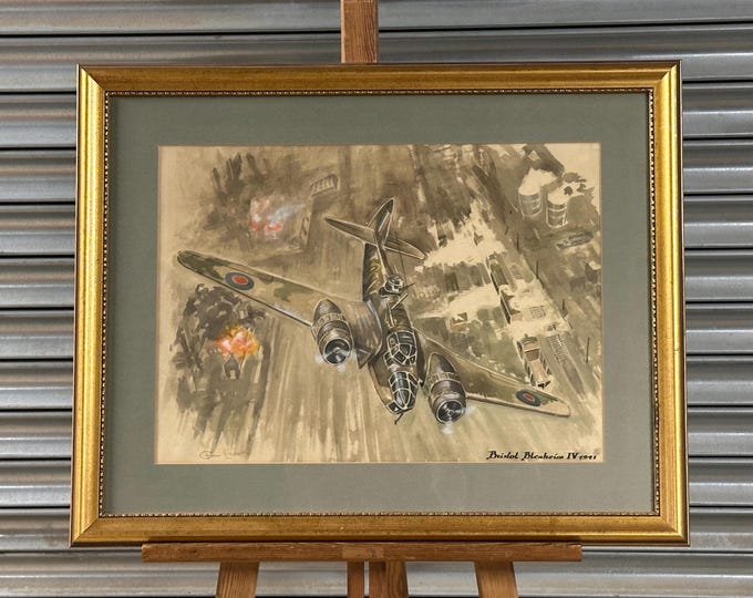 Vintage RAF Bristol Blenheim IV Watercolour Painting, Indistinctly Signed and Dated 1982
