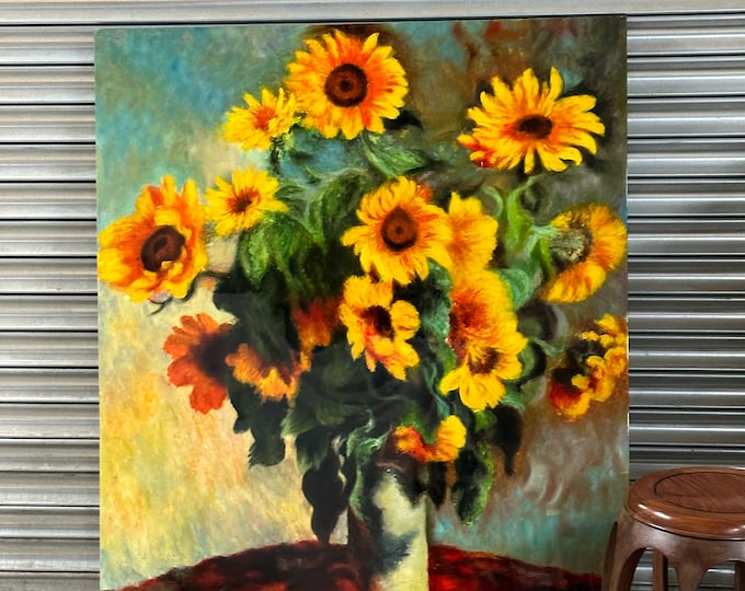 Superb Large & Very Unusual Artwork Of Sunflowers In The Manner Of Claude Monet