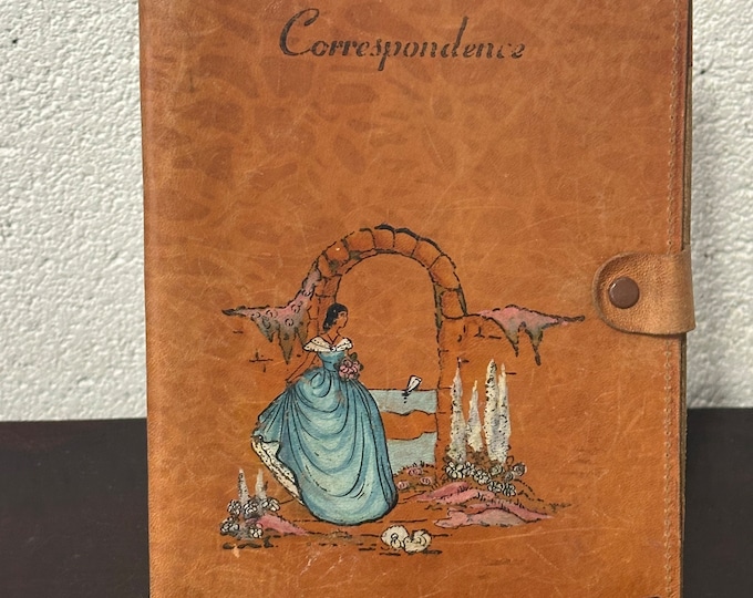 Beautiful Vintage Hand Painted Tan Leather Correspondence Book Cover Attache