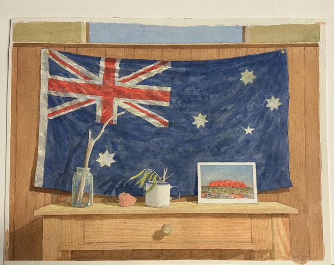 Original Watercolour By David Payne RWS Of Uluru/Ayers Rock & Australian Flag