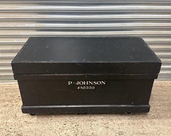 Antique Blackened Pine Chest Trunk Box Marked P Johnson 482553 On Wheels