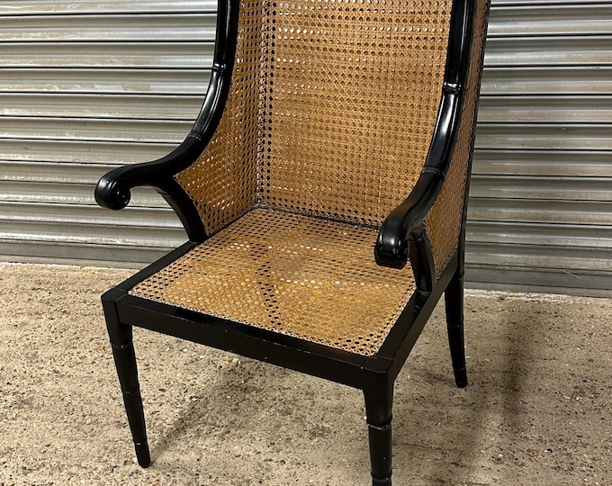 Vintage Colonial Regency Style Ebony Framed Bergere Library / Club Chair