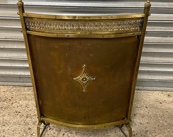Brass Fireguard, Decorative Pierced Gallery Fire Guard with Finials & Motif