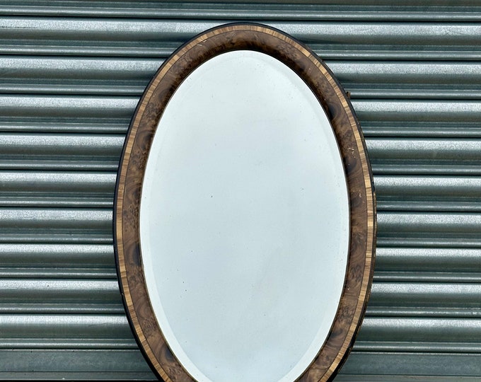 Antique Oval Wood Framed Bevelled Mirror - Unusual Frame