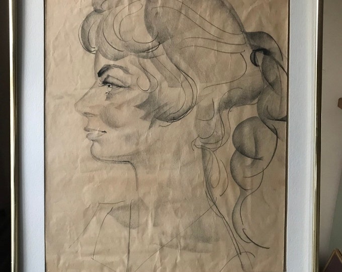 1970’s Female Americana Art Caricature By Don Pottratz Pencil Charcoal Sketch Drawing