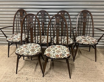 Superb Set of Six Ercol Dining Chairs With Swan Design and Beautiful Floral Seat Pads