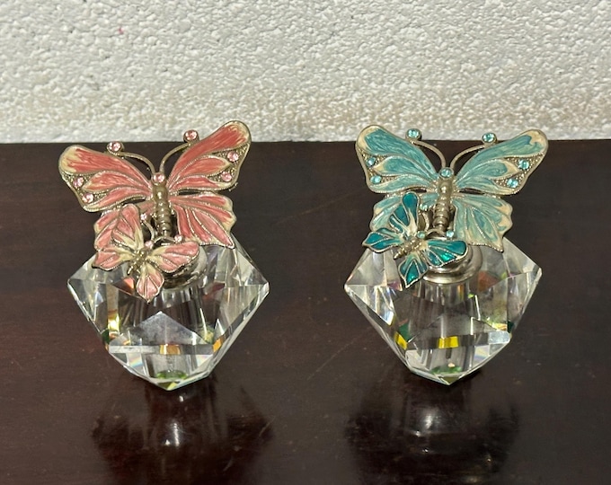 Two Beautiful Cut Glass Butterfly Stopper Perfume Bottles - Perfect Gift