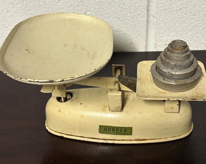 Vintage Harper Enamel Cream Metal Balance Scales with 6 Weights - Country Kitchen