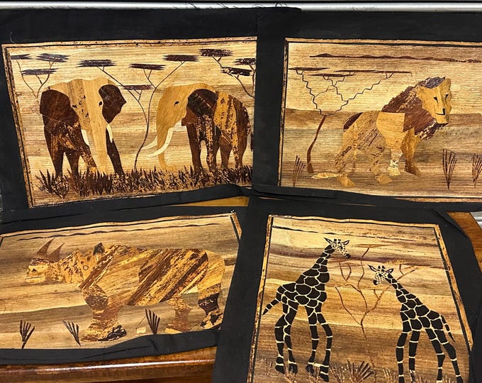 4 Vintage African Banana Leaf Fiber Art Collages Giraffe, Lion, Rhino & Elephant