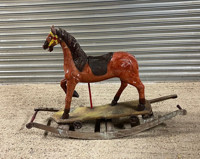 Late 19th / Early 1900 Hand Painted Antique Carousel Rocking Horse with Wheels