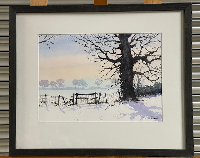 Original Watercolour Titled Early Morning Snow by Kenneth Forrest depicting a beautiful snowy landscape scene