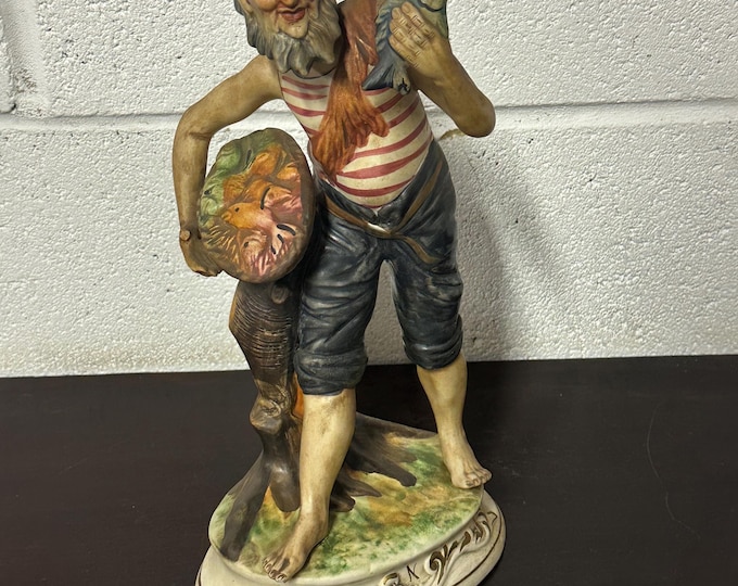 Lovely Circa 1960’s Vintage Italian Ceramic Capodimonte Figurine Of A Fisherman Holding a Fish
