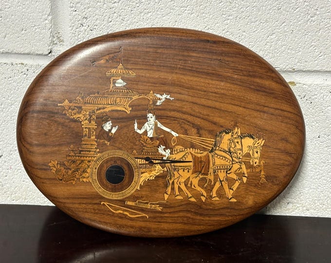 Vintage Handmade Gita Updesh Krishna Inlaid Rosewood Marquetry Art Plaque