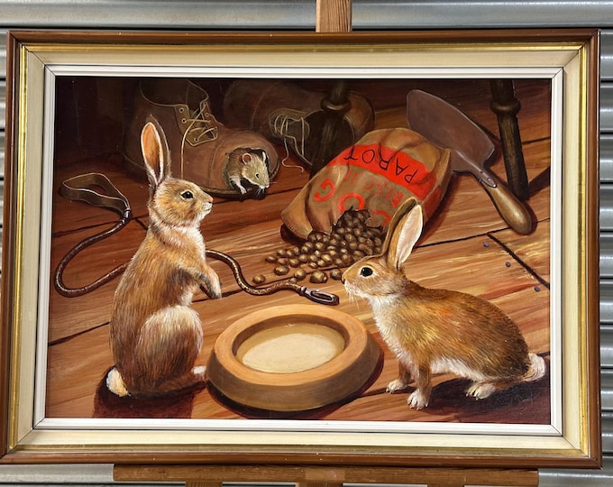 Lovely Original c1980’s Oil Painting On Board Of Rabbits & Mouse By V Douglas