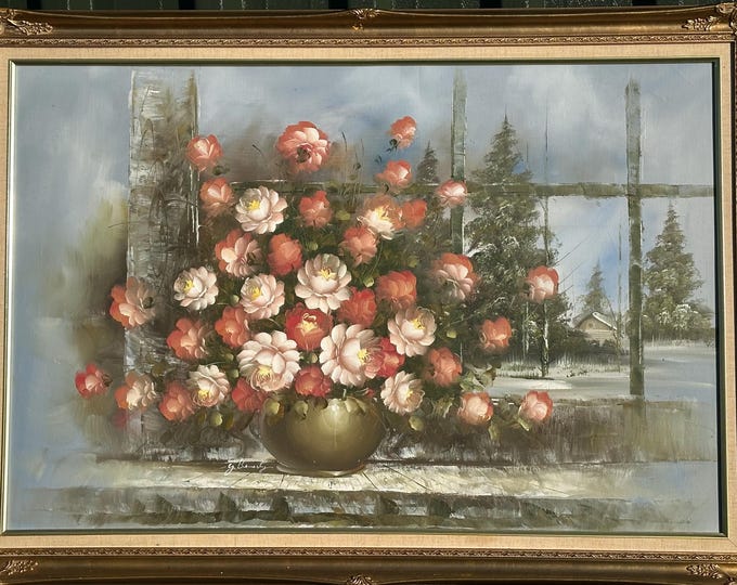 Beautiful Large Gilt Framed Still Life Flowers Oil Painting – Signed Y Beverly