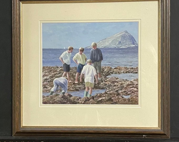 Fabulous Original John F Collins Watercolour, Off the Mewstone, Wembury, Devon, Depicts Boys Rockpooling