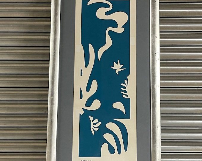 Large Vintage Framed and Glazed Abstract Blue and White Artwork After Henri Matisse