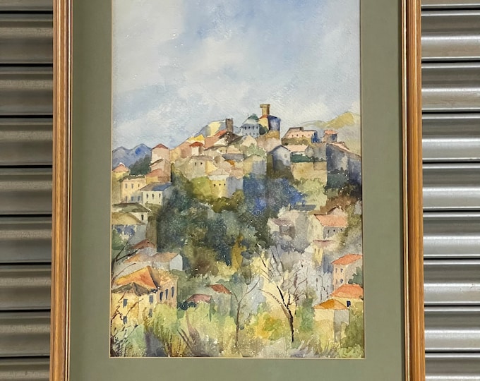 Beautiful Original Continental Watercolour of a Hilltop Village Scene - Unsigned