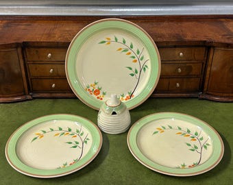 Vintage Clarice Cliff “Summer’s End” Pattern Ceramic Tableware – Plates & Honey Pot – Art Deco