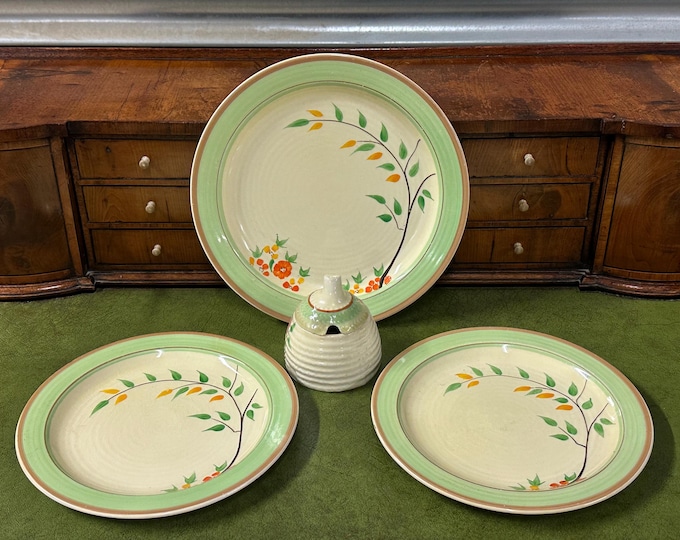 Vintage Clarice Cliff “Summer’s End” Pattern Ceramic Tableware – Plates & Honey Pot – Art Deco