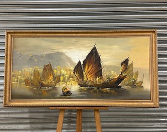 Large Vintage Oil Painting – Oriental Harbour Scene with Junk Boats - Indistinctly signed