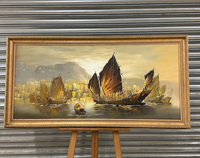 Large Vintage Oil Painting – Oriental Harbour Scene with Junk Boats - Indistinctly signed