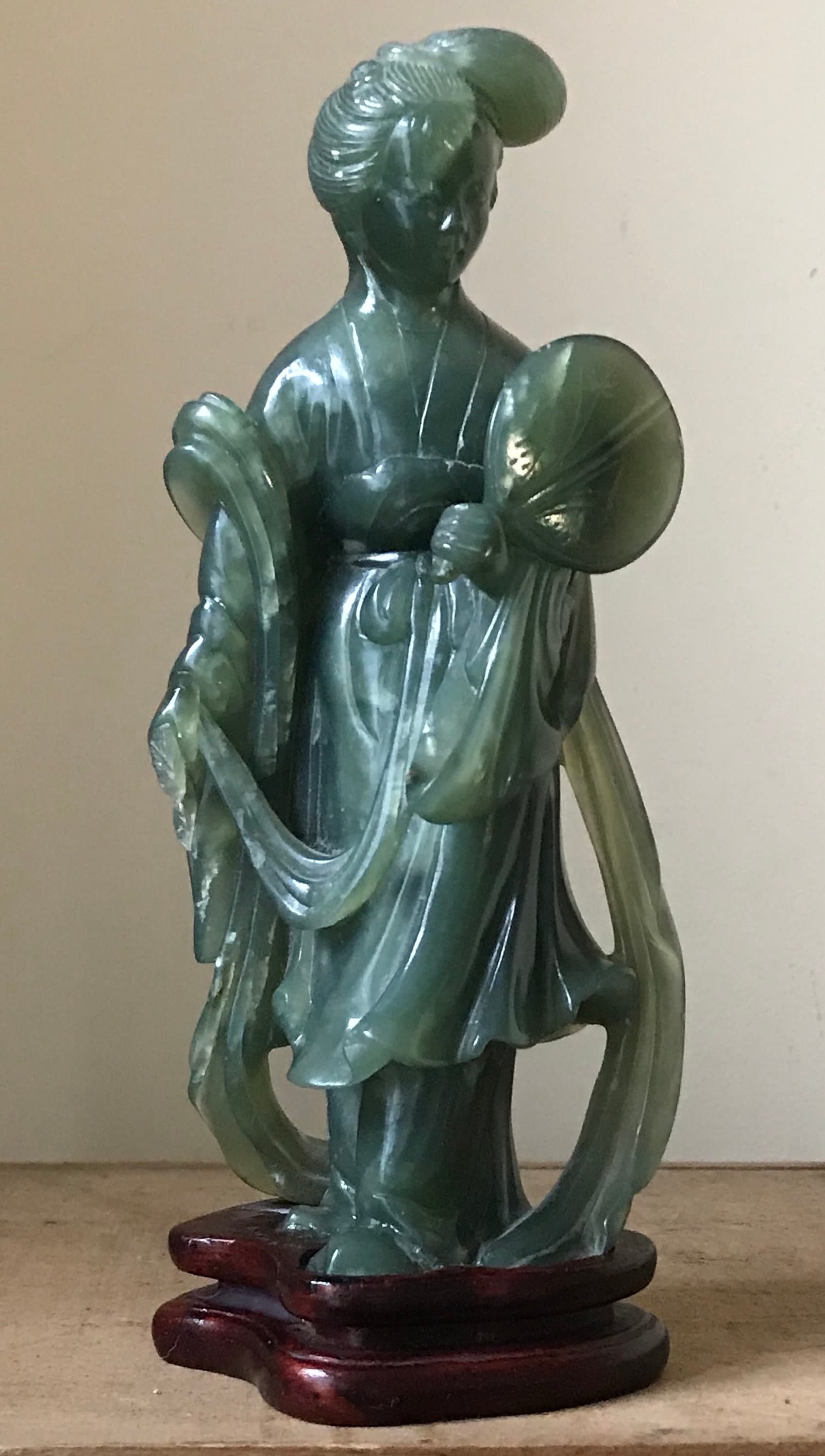 Antique Chinese Carved Green Jade Figurine Of A Tang Lady mounted on a