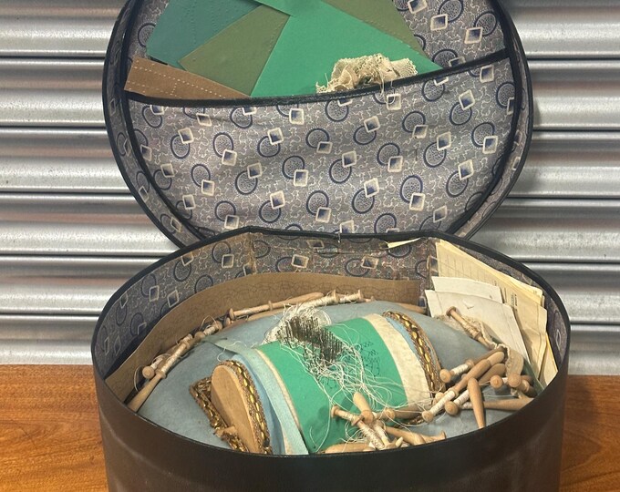 Vintage Lace Making Pillow, Along with Bobbins and Pins in a Carry Case