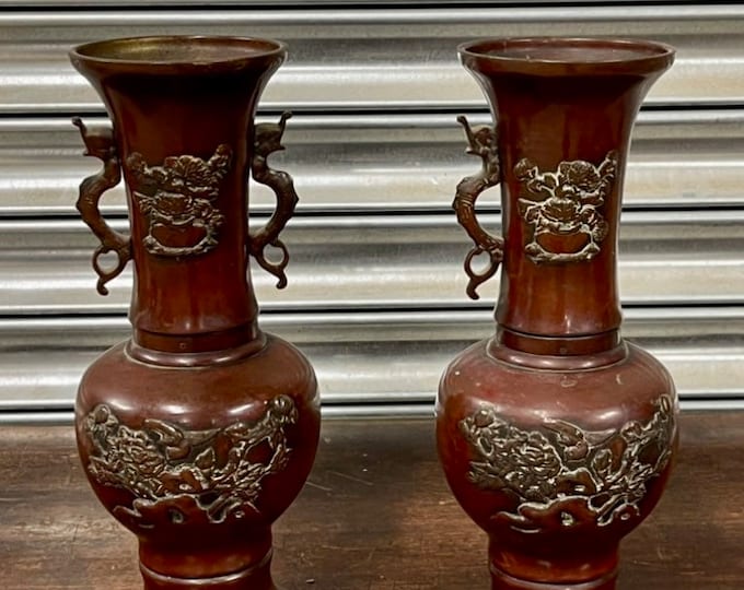 Pair of 19th Century Chinese Bronze Twin Handled Vases