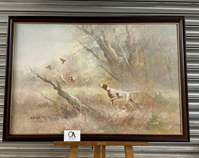 Vintage Oil Painting Of Two Pointers Flushing Out Game Birds in a Woodland Scene By Eugene Kingman