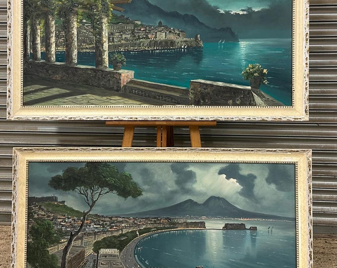Pair Of Very Large Mid Century Oil Paintings Of Naples & Amalfi Coast Italy