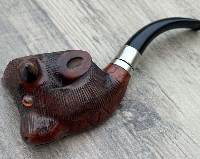 Vintage Real Briar Carved Wood Bulls Head Smokers Pipe Glass Eyes